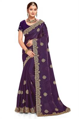 Purple color zari embroidery hot fix siroski work fendy silk blend party wear saree with blouse 1