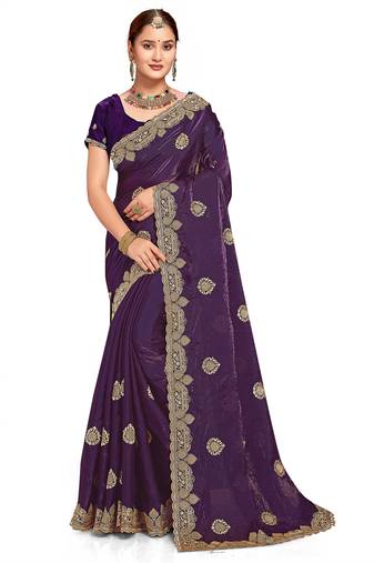 Purple color zari embroidery hot fix siroski work fendy silk party wear saree with blouse