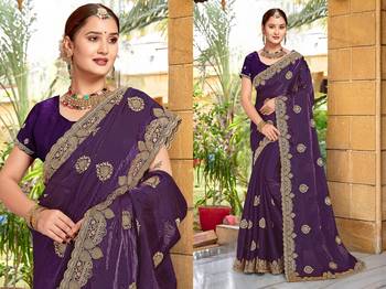 Purple color zari embroidery hot fix siroski work fendy silk blend party wear saree with blouse 3