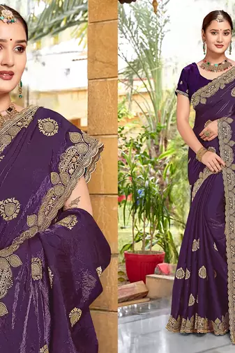 Purple color zari embroidery hot fix siroski work fendy silk blend party wear saree with blouse