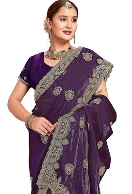 Purple color zari embroidery hot fix siroski work fendy silk blend party wear saree with blouse 4