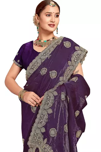 Purple color zari embroidery hot fix siroski work fendy silk blend party wear saree with blouse