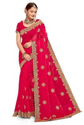 Pink color zari embroidery hot fix siroski work fendy silk blend party wear saree with blouse 1