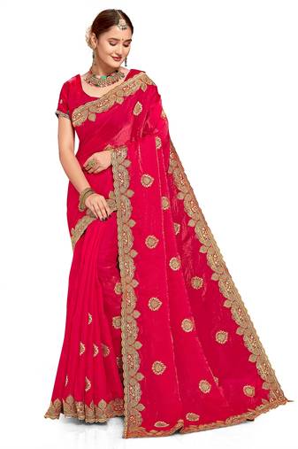 Pink color zari embroidery hot fix siroski work fendy silk party wear saree with blouse