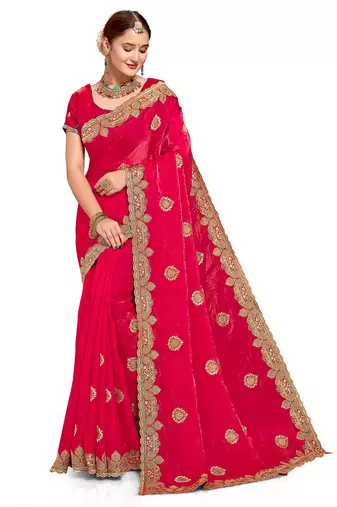 Pink color zari embroidery hot fix siroski work fendy silk party wear saree with blouse