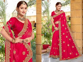 Pink color zari embroidery hot fix siroski work fendy silk blend party wear saree with blouse 3