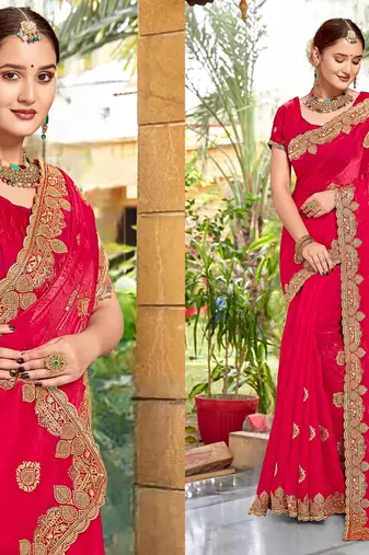 Pink color zari embroidery hot fix siroski work fendy silk blend party wear saree with blouse