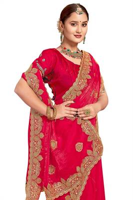 Pink color zari embroidery hot fix siroski work fendy silk blend party wear saree with blouse 4