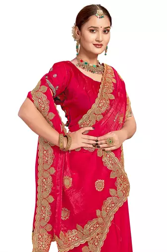 Pink color zari embroidery hot fix siroski work fendy silk blend party wear saree with blouse