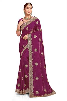 Magenta color zari embroidery hot fix siroski work fendy silk blend party wear saree with blouse 1