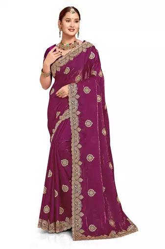 Magenta color zari embroidery hot fix siroski work fendy silk party wear saree with blouse