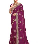 Magenta color zari embroidery hot fix siroski work fendy silk party wear saree with blouse