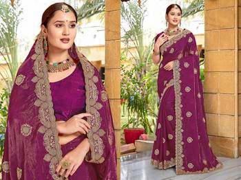 Magenta color zari embroidery hot fix siroski work fendy silk blend party wear saree with blouse 3