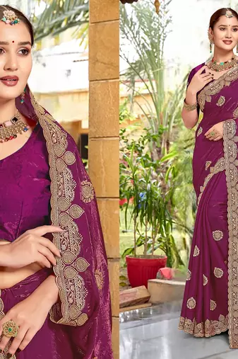 Magenta color zari embroidery hot fix siroski work fendy silk blend party wear saree with blouse