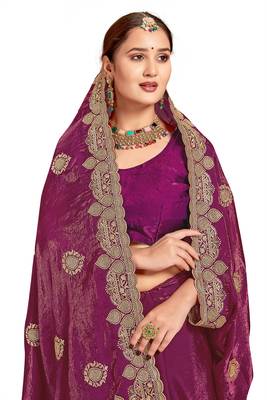 Magenta color zari embroidery hot fix siroski work fendy silk blend party wear saree with blouse 4