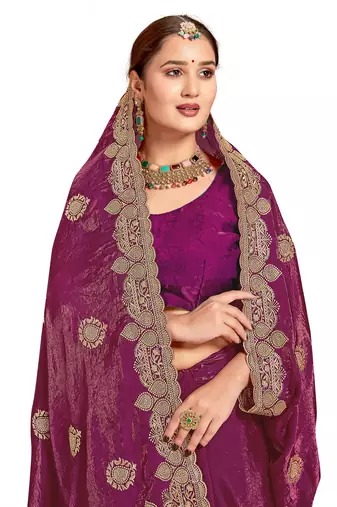 Magenta color zari embroidery hot fix siroski work fendy silk blend party wear saree with blouse