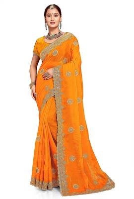 Musturd color zari embroidery hot fix siroski work fendy silk blend party wear saree with blouse 1