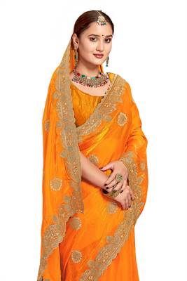 Musturd color zari embroidery hot fix siroski work fendy silk blend party wear saree with blouse 3