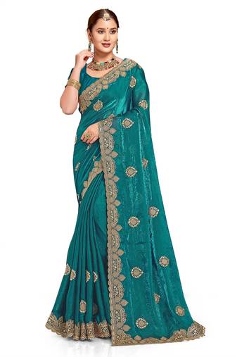 Rama green color zari embroidery hot fix siroski work fendy silk party wear saree with blouse