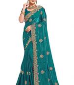 Rama green color zari embroidery hot fix siroski work fendy silk party wear saree with blouse