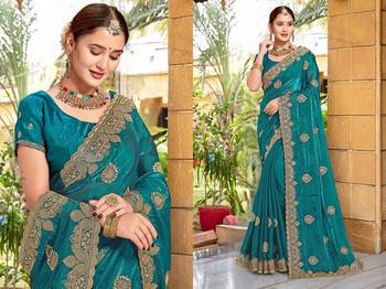 Rama green color zari embroidery hot fix siroski work fendy silk blend party wear saree with blouse 3