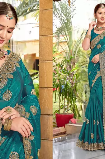 Rama green color zari embroidery hot fix siroski work fendy silk blend party wear saree with blouse