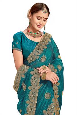 Rama green color zari embroidery hot fix siroski work fendy silk blend party wear saree with blouse 4