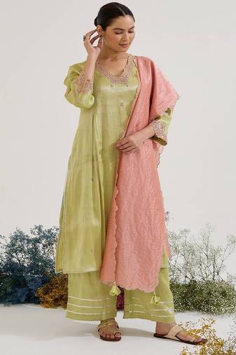 Lime embroidered tissue kurta set with dupatta