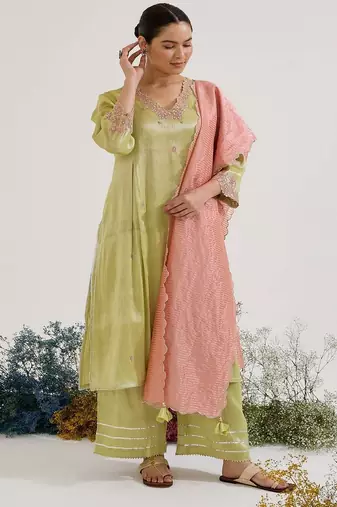 Lime embroidered tissue kurta set with dupatta