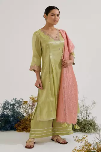 Lime embroidered tissue kurta set with dupatta