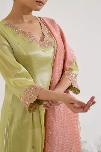 Lime embroidered tissue kurta set with dupatta