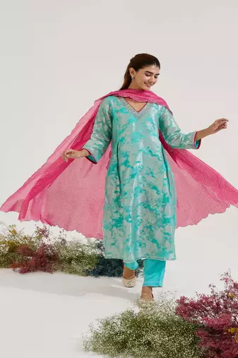 Aqua blue printed jacquard kurta set with dupatta