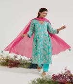 Aqua blue printed jacquard kurta set with dupatta