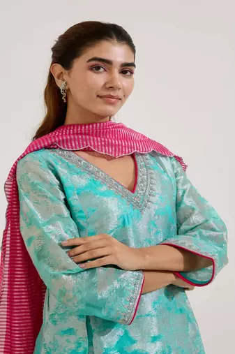 Aqua blue printed jacquard kurta set with dupatta