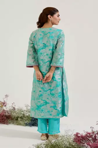 Aqua blue printed jacquard kurta set with dupatta