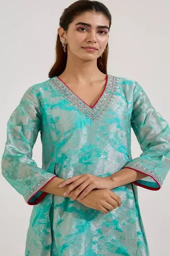 Aqua blue printed jacquard kurta set with dupatta