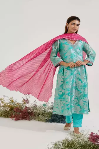 Aqua blue printed jacquard kurta set with dupatta
