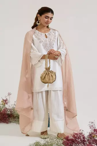 White embroidered chanderi kurta set with dupatta