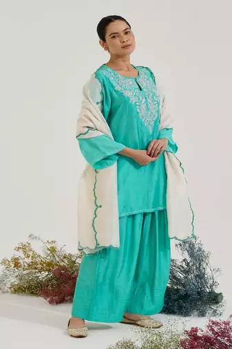 Aqua blue embroidered chanderi kurta set with dupatta