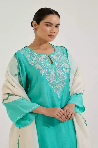 Aqua blue embroidered chanderi kurta set with dupatta