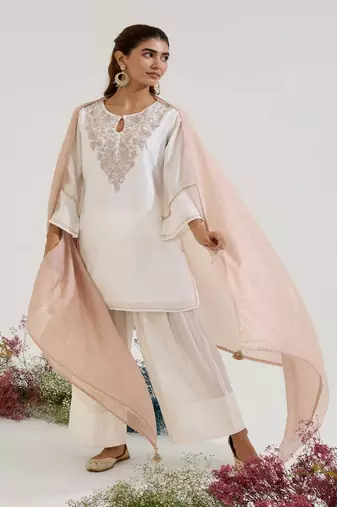 White embroidered chanderi kurta set with dupatta