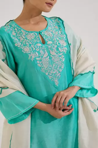 Aqua blue embroidered chanderi kurta set with dupatta