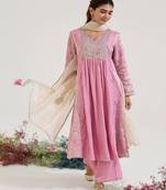 Lilac embroidered jacquard kurta set with dupatta