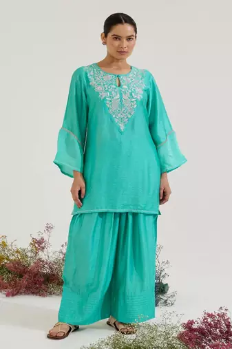 Aqua blue embroidered chanderi kurta set with dupatta