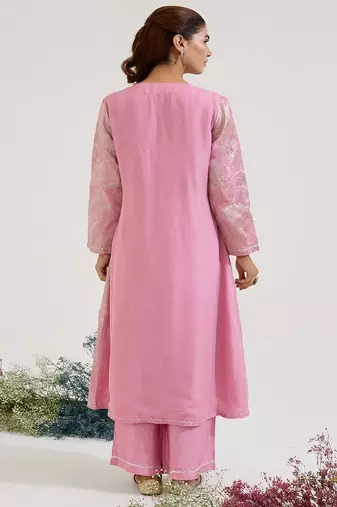 Lilac embroidered jacquard kurta set with dupatta