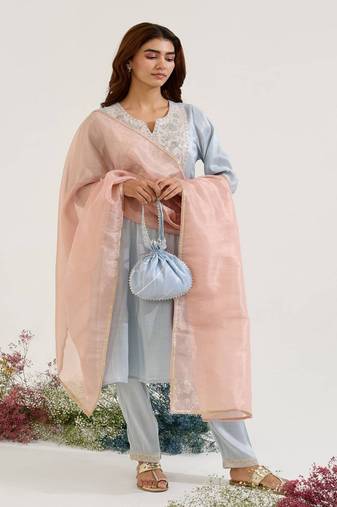 Blue embroidered tissue kurta set with dupatta