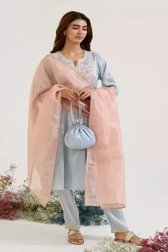 Blue embroidered tissue kurta set with dupatta