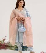 Blue embroidered tissue kurta set with dupatta