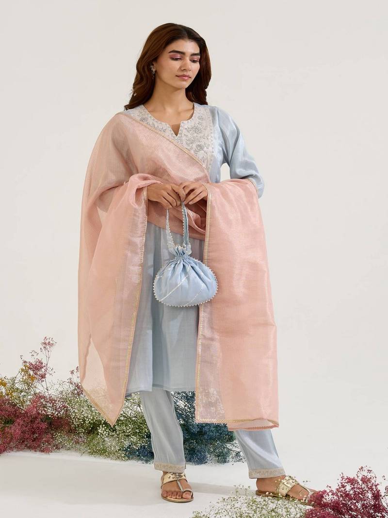 Blue embroidered tissue kurta set with dupatta