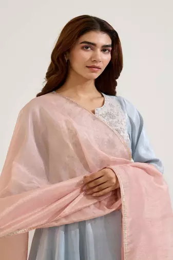 Blue embroidered tissue kurta set with dupatta